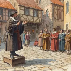 Mężczyzna w stroju z epoki przemawia do zgromadzonego tłumu na brukowanym placu. To scena jak z podręcznika historii, gdzie sztuka po łacinie mogła być częścią nauczania.