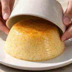 Un délicieux gâteau de semoule, doré et parsemé de vanille, est démoulé sur une assiette blanche.