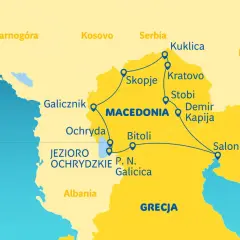 Mapa turystyczna Macedonii z zaznaczonymi miastami: Skopje, Ochryda, Bitola, Saloniki. Podróż przez region Macedonii.