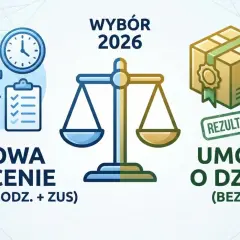 Wybór 2026: umowa zlecenie (stawka godz. + ZUS) vs umowa o dzieło (bez ZUS). Podatek od umów o dzieło.