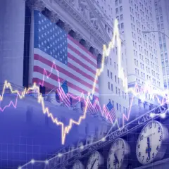 Skarbiec top brands na Wall Street. Flagi USA, wykresy giełdowe i zegary symbolizują globalny handel i inwestycje.