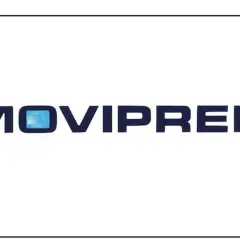 Napis MOVIPREP w kolorze granatowym, z niebieskim prostokątem w literze "O".