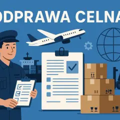 Celnik z listą kontrolną, samolot, statek, globus i paczki. Dowiedz się, ile trwa odprawa celna i jak ją usprawnić.