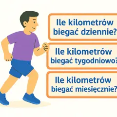 Ilustracja mężczyzny biegającego obok pytań o dystans dzienny, tygodniowy i miesięczny.