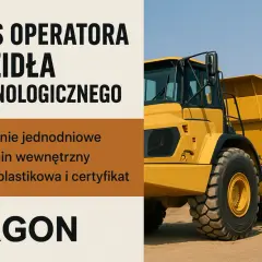 Kurs operatora wozidła technologicznego. Szkolenie, egzamin, certyfikat. Duża żółta maszyna budowlana.