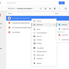 Menú contextual en Google Drive para abrir un PDF con Google Docs, útil para saber como firmar en Google Docs.
