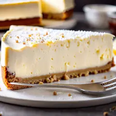 Tranche de cheesecake sans cuisson crémeux, garnie de miettes et de sucre glace, avec un quartier de citron à côté.