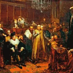 Kazania sejmowe streszczenie: Piotr Skarga przemawia do szlachty w sali sejmowej, wygłaszając płomienne kazanie.