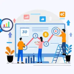Des personnes analysent un graphique sur un écran, illustrant le marketing attribution. Des icônes de succès et de croissance sont visibles.