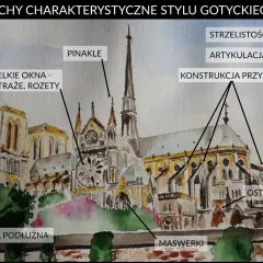 Ilustracja przedstawia gotycką katedrę z licznymi detalami, takimi jak pinakle, wielkie okna z witrażami i rozetami, ostre łuki, maswerki, strzelistość formy, artykulacja ścian i konstrukcja przyporowa. To świetne przykłady sztuki średniowiecza.