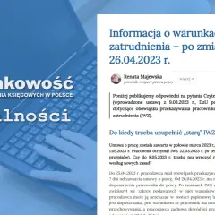 Laptop z napisem "rachunkowość Aktualności" i fragmentem artykułu o zmianach w warunkach zatrudnienia.