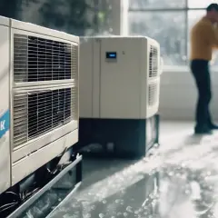 Fuite de gaz de clim. Un homme se tient près d'appareils de climatisation, le sol est mouillé.