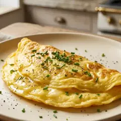 Une omelette dorée, garnie de ciboulette fraîche et de poivre noir, prête à être dégustée. Imaginez-la avec une garniture d'omelette aux fruits de mer.