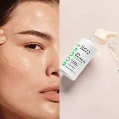Twarz kobiety i buteleczka serum Paula's Choice z pipetką.
