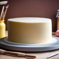 Un gâteau rond, prêt à être décoré, attend patiemment. Autour, des ustensiles de pâtisserie et des pots de couleurs suggèrent la magie de la pâte à sucre.