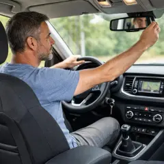 Uomo al volante regola lo specchietto, assicurandosi la corretta posizione di guida per un viaggio sicuro.