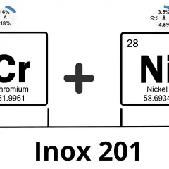 Composition de l'inox 201 : Chrome (16-18%) et Nickel (3.5-4.5%). Cet alliage est un type d'inox austénitique.