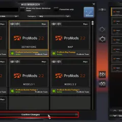 Zarządzanie modami w ETS2: aktywne pakiety ProMods, gotowe do wgrania. Kliknij "Confirm Changes", by zastosować.