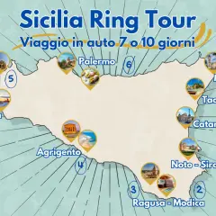Mappa di un itinerario Sicilia in auto, con tappe da Palermo a Ragusa, per un viaggio di 7 o 10 giorni.