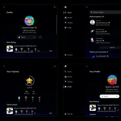Cztery ekrany profilu PlayStation z grą Ghost of Tsushima, pokazujące profile graczy i trofea.