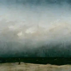 The wanderer painting depicts a solitary figure on a desolate shore, gazing out at a turbulent sea under a dramatic, cloudy sky.