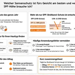 Welcher Lichtschutzfaktor fürs Gesicht? SPF 30 für Alltag, SPF 50 bei intensiver Sonne. Breitband-Schutz ist entscheidend.