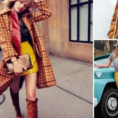Kobiety w stylizacjach inspirowanych modą lat 60. – płaszcz w kratę, sukienka w paisley, dzwony i koszulka z grafiką.