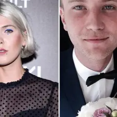 Daria Zawiałow z mężem na ślubnym zdjęciu. Ona w białej sukni, on w garniturze z muszką.