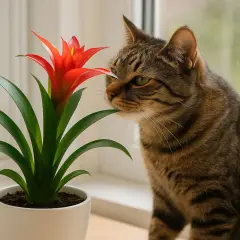 Eine getigerte Katze schnuppert neugierig an einer leuchtend roten Guzmania-Blume.