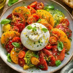 Une burrata crémeuse trône au milieu d'une salade colorée de tomates anciennes, de basilic frais et de zestes de citron. Une entrée parfaite pour l'été.