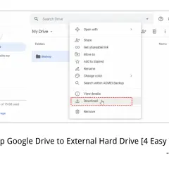 Google Drive interface showing a dropdown menu with "Download" highlighted, illustrating how to transfer Google Photos to an external hard drive.