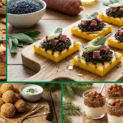 Varietà di cotechino ricette gourmet: involtini, tartine, polpette e bicchierini con lenticchie e cotechino.