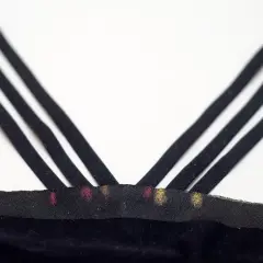 Close-up of three black bra straps crisscrossing over a black fabric band with pink and gold marks.