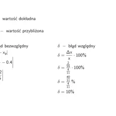 Obliczenia błędu względnego dla wartości x=4/11 i xp=0.4. Pokazano wzory i kroki obliczeniowe.