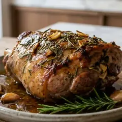 Gigot d'agneau rôti, parfumé au romarin et à l'ail, prêt à être dégusté. Une recette savoureuse pour un repas d'exception.