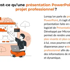 Un homme crée une présentation PowerPoint pour son projet professionnel. La structure du discours est visuelle et dynamique.