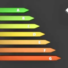 Grafico a frecce colorate da verde a rosso, con lettere dalla A alla G, che indica la classe energetica.