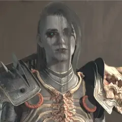 Mroczna nekromantka z Diablo 4, z niebieskimi oczami i kościaną zbroją, gotowa do walki.