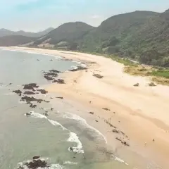 Vista aérea de la **playa Trengandin**, con arena dorada, rocas oscuras y colinas verdes al fondo.