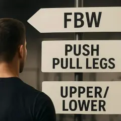 Mężczyzna przed znakiem drogowym z opcjami treningowymi: FBW, PUSH PULL LEGS, UPPER/LOWER. Którą ścieżkę wybierze?