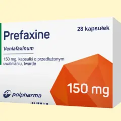 Opakowanie leku Prefaxine z wenlafaksyną 150 mg, 28 kapsułek o przedłużonym uwalnianiu.