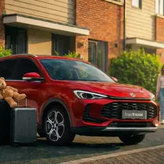 Czerwone auto MG gotowe na podróż. Na walizkach siedzi miś, a w tle rodzina z dzieckiem.