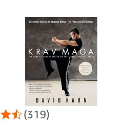 Omslag till boken "Krav Maga" av David Kahn, med en man i en försvarsställning. Boken lär ut självförsvar och träning.