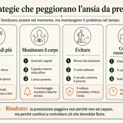 Strategie che peggiorano l'ansia da prestazione: sforzarsi, monitorare il corpo, evitare e cercare rassicurazioni. Il risultato è un peggioramento della performance.