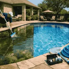 Man kneels to brush algae from pool edge, demonstrating how to vacuum a pool. Pool cleaning supplies are nearby.