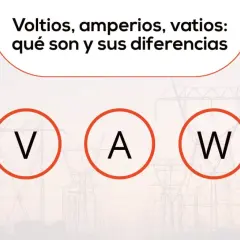 Entiende la diferencia entre voltios y vatios. Las letras V, A y W representan voltios, amperios y vatios, respectivamente, en un fondo de torres eléctricas.