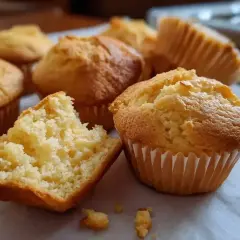 Nybakade muffins, perfekta för ett enkelt muffins recept. En är uppäten och visar det fluffiga inkråmet.