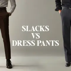 A side-by-side comparison of slacks vs dress pants, showcasing different styles and fits for men's formal wear.