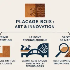 Illustration conceptuelle sur le placage bois : art et innovation. Un collage sur bois met en avant la perception, le savoir-faire et la maîtrise.