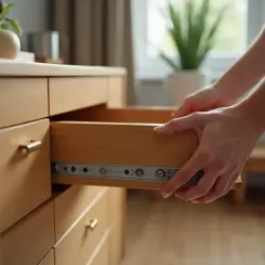 Ręce montują drewnianą szufladę do komody, pokazując, jak zbudować szufladę.